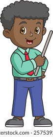 Standing business man with wooden pointer stick of illustration