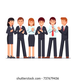 Standing business men & women group applauding to viewer. Clapping hands gesture. Team success appreciation ovation. Flat style vector illustration isolated on white background.