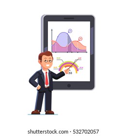 Standing business teacher wearing glasses pointing with wooden pointer stick at huge tablet or interactive board showing statistical data graphs. Flat style vector illustration.