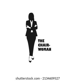 Standing business woman black vector silhouette illustration.