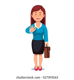 Standing business woman with a briefcase showing OK gesture with his right hand. It'll be okay says confident businesswoman. Flat style vector illustration isolated on white background.