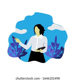 Standing business woman,
is counting traffic. flat style.