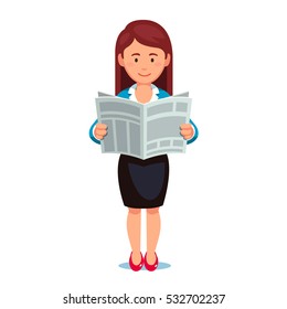 Standing business woman in formal dress reading news paper. Holding opened newspaper in hands. Flat style vector illustration isolated on white background.