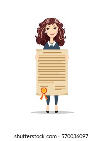 Standing business woman holding certificate or diploma . Flat style vector illustration isolated on white background.