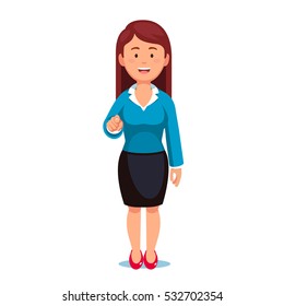 Standing business woman pointing with index finger at viewer in I want you gesture. Flat style vector illustration isolated on white background.