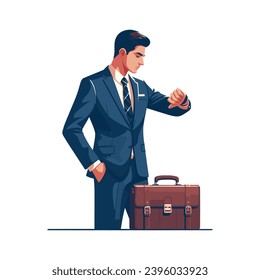 Standing businessman with a briefcase and looking at watch flat design vector illustration.