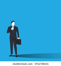 Standing businessman with briefcase in simple trendy color flat style on blue background. Business and finance concept background with empty space for your text. Designed vector illustration.