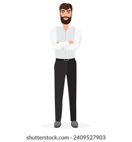 Standing businessman with crossed arms. Confident male company manager cartoon vector illustration