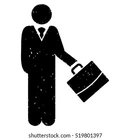 Standing Businessman grainy textured black icon for overlay watermark stamps. Flat symbol with scratched texture. Dotted vector ink rubber seal stamp with grunge design on a white background.