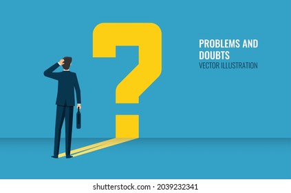 Standing businessman and his question mark symbol, thinking and doubting