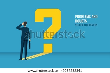 Standing businessman and his question mark symbol, thinking and doubting