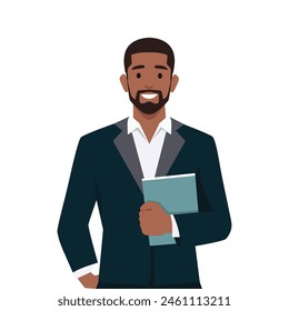 Standing businessman hold book. Manager with hand in pocket. Flat vector illustration isolated on white background