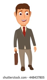 Standing businessman holding a briefcase and smiling. Color vector illustration isolated on white background.