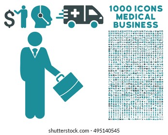 Standing Businessman icon with 1000 medical business soft blue vector pictographs. Clipart style is flat bicolor symbols, white background.