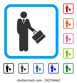 Standing Businessman icon. Flat grey pictogram symbol in a blue rounded rectangular frame. Black, gray, green, blue, red, orange color variants of Standing Businessman vector.