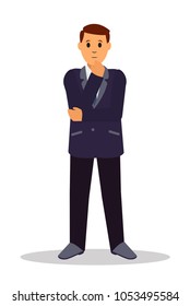 Standing businessman making thinking gesture. Front view. Flat style vector illustration isolated on white background. Eps 10 