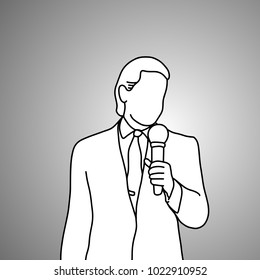 standing businessman with microphone on his left hand vector illustration doodle sketch hand drawn with black lines isolated on gray background. Business concept. 