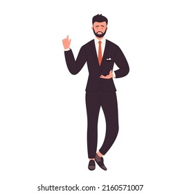 Standing businessman pointing and explaining. Office manager speech presentation vector illustration