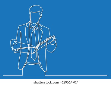 standing businessman reading newspaper - continuous line drawing