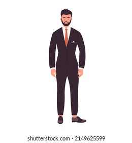 Standing businessman in suit. Front view of office manager vector illustration