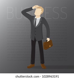 Standing businessman with a suitcase. Gradient and background text