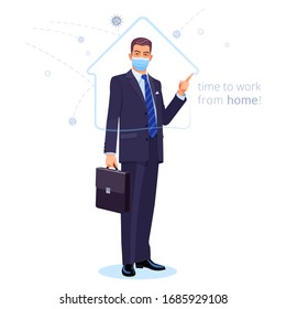 Standing businessman in a surgical face mask gives an advice: time to work from home! Confident man draws an abstract shape of house. Spiky balls of COVID coronavirus bounce off the protective frame.