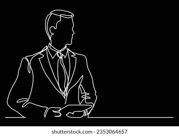 standing businessman with tablet - continuous line drawing