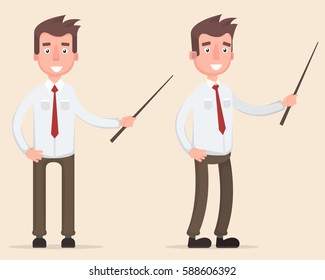 Standing businessman teacher pointing with wooden pointer stick. Vector illustration in a flat style