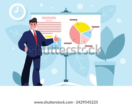 Standing businessman with thumb up dressed in a business suit. Background with Presentation flipchart board. Charts and graphs for business. Vector graphics