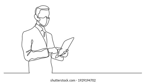 standing businessman wearing face mask holding tablet - continuous line drawing