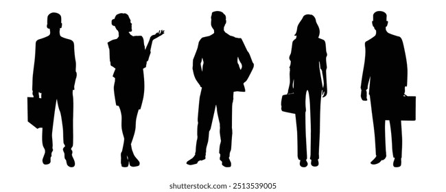 Standing businessman and woman with file silhouette black filled vector Illustration icon