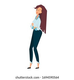Standing businesswoman crossed her arms and winks. Color flat vector cartoon illustration isolated on white
