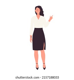 Standing businesswoman pointing finger. Female manager standing pose vector illustration