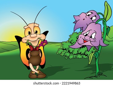 Standing Butterfly with Yellow Wings and a Flower in his Mouth - Colored Cartoon Illustration with Background, Vector