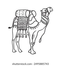 Stehendes Kamel mit traditionellem Gewebesitz zum Reiten in Schwarz isoliert auf weißem Hintergrund. Handgezeichnete Vektorgrafik Skizze Illustration in Doodle graviert Vintage Line Art Stil. Ägypten Wüste, Reisen