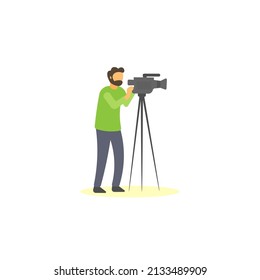 Standing cameraman shooting video. News report flat vector illustration.