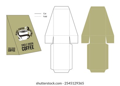 Standing cardboard cutting template for standing pouch containers for food products or powdered drinks.