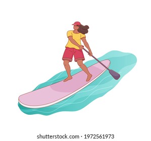 Standing cartoon cheerful woman is paddling with paddle board on the water. Sup boarding outdoor activity. Vector isolated colorful illustration in outline style. 