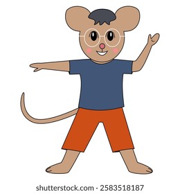 Standing cartoon mouse with glasses in a casual blue outfit.