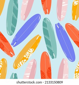 Standing cartoon surfboard, tropical design.Variety of surfing boards. Summer time.Summer sports and activities conceptual. Trendy design for web and print.Hand drawn flat vector seamless pattern.