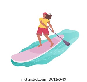 Standing cartoon woman is paddling with paddle board on the water. Sup boarding outdoor activity. Vector isolated colorful illustration in flat style. 