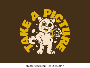 Standing cat character design holding a pocket camera with rounded text