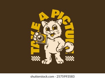 Standing cat mascot character holding a analog camera