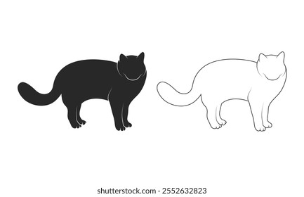 Silhueta de gato de pé e ilustração de vetor de gato de arte de linha em um fundo branco