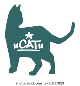 Standing cat silhouette logo in teal color. Hand drawn feline icon with "CAT" text and star for pet care branding, animal clinics, and trendy graphic design.