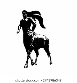Standing centaur silhouette isolated on white background. Mythological half man half horse character in classic vector illustration style.