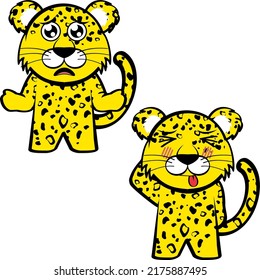 standing chibi leopard kid character cartoon expressions pack collection in vector format