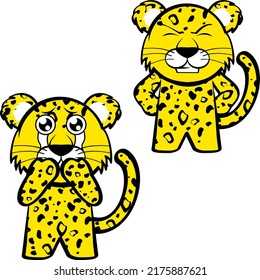 standing chibi leopard kid character cartoon expressions pack collection in vector format