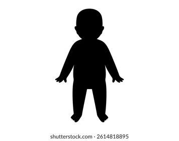 Standing child black silhouette on white background. Minimal front view illustration of a neutral pediatric pose with newborn. Conceptual flat vector of baby for identity, childhood, or medical themes
