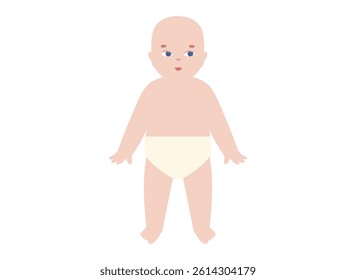 Standing child in diapers on white background. Minimal front view illustration of neutral pediatric pose. Poster with a kid. Conceptual flat vector of baby for identity, childhood, or medical themes